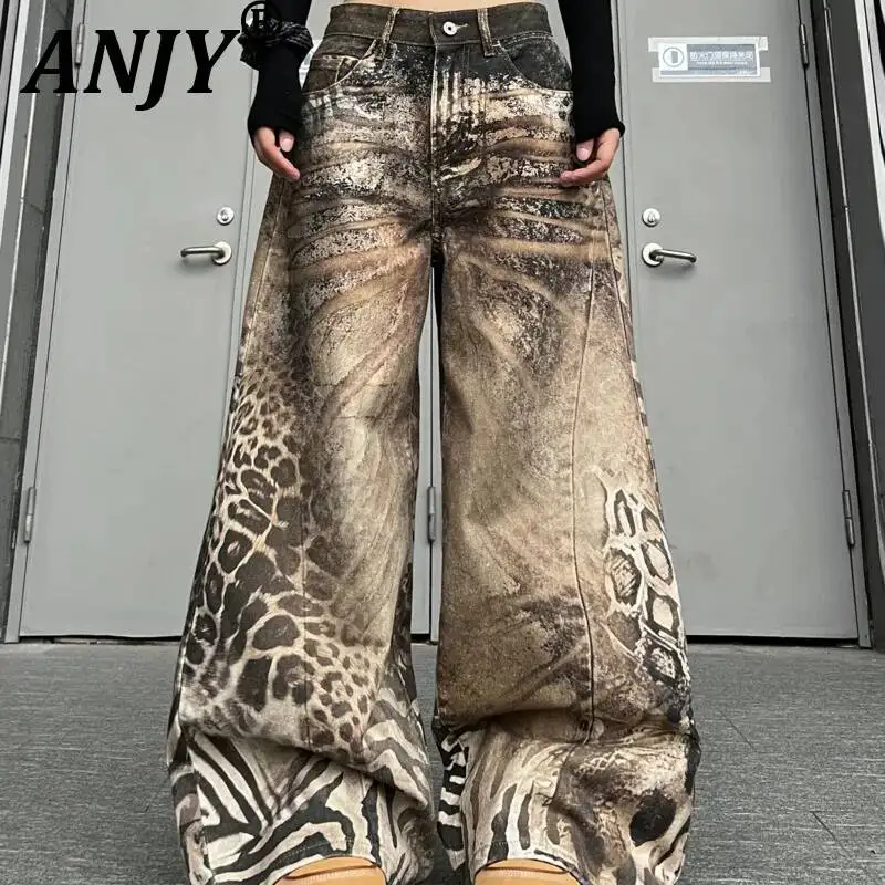 

ANJY Spring Autumn New Women Tide Y2k Retro 3D Digital Printed Wide Leg Jeans Loose Casual Trendy High Street Denim Pants A22532