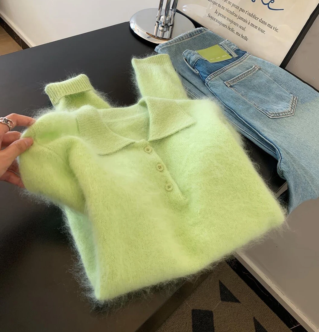 

Apple Green Lapel Collar Plush Sweater Women's Autumn Winter Thick Soft Knitted Pullover Casual Loose Fit Chic Top Clothing
