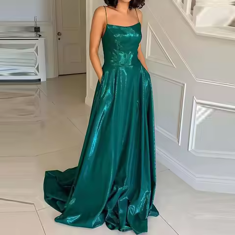 Hollow Out Pleated Floor-length Dress Temperament High Waist Solid Dress Luxury Bright Sleeveless Halter Evening Dresses