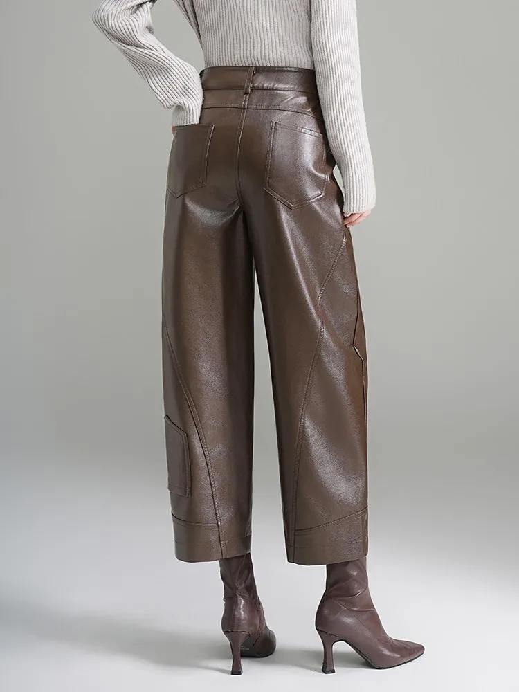 ZUZK Women PU Leather Harem Pants Bent Knife Pants New Style Fashion Autumn Winter  Ankle-Length Pants Elegant Leather Trousers