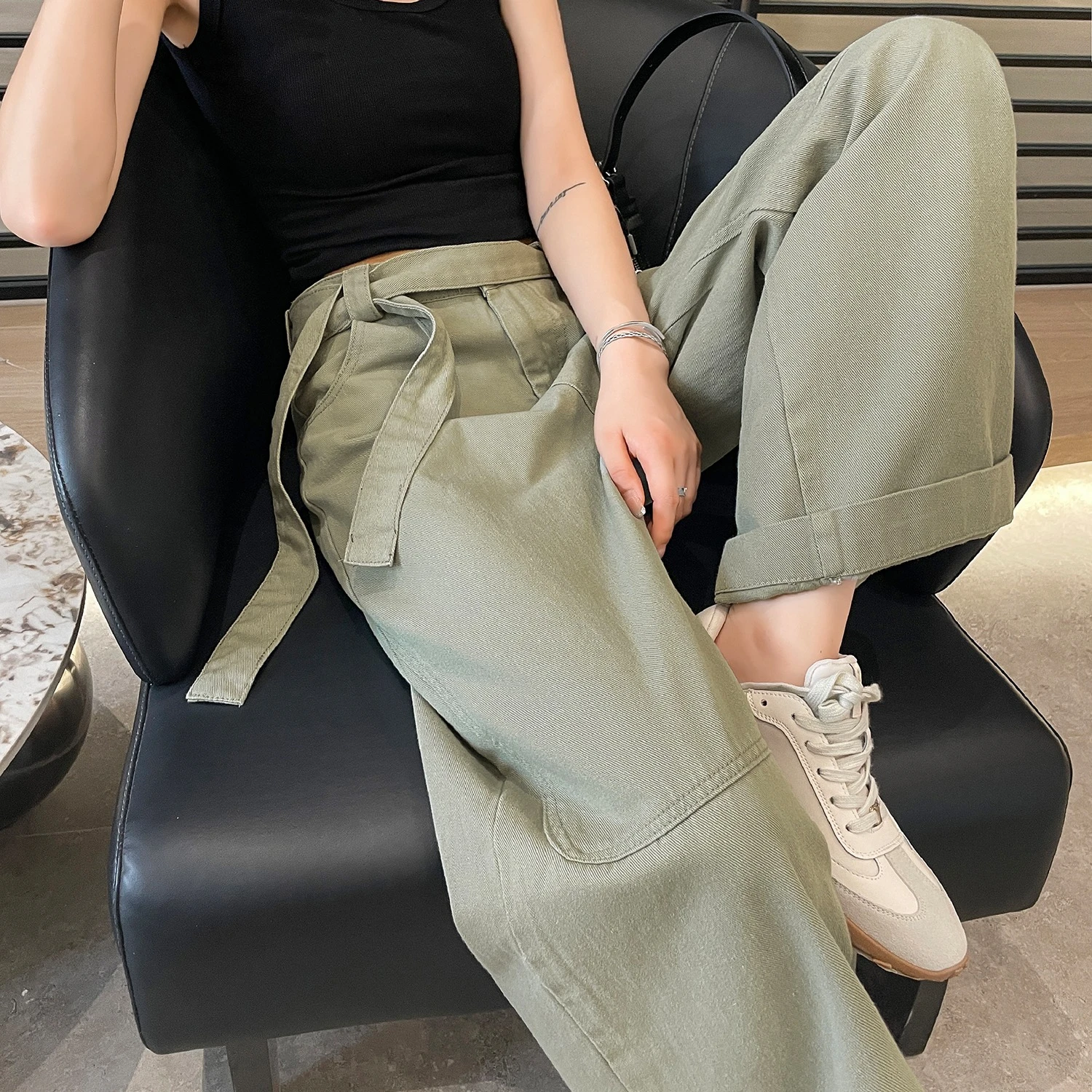 Autumn High Waist Washed Cotton Women's Wide Leg Pants Sashes 2025 New Solid Vintage Casual Loose Straight Trousers Female