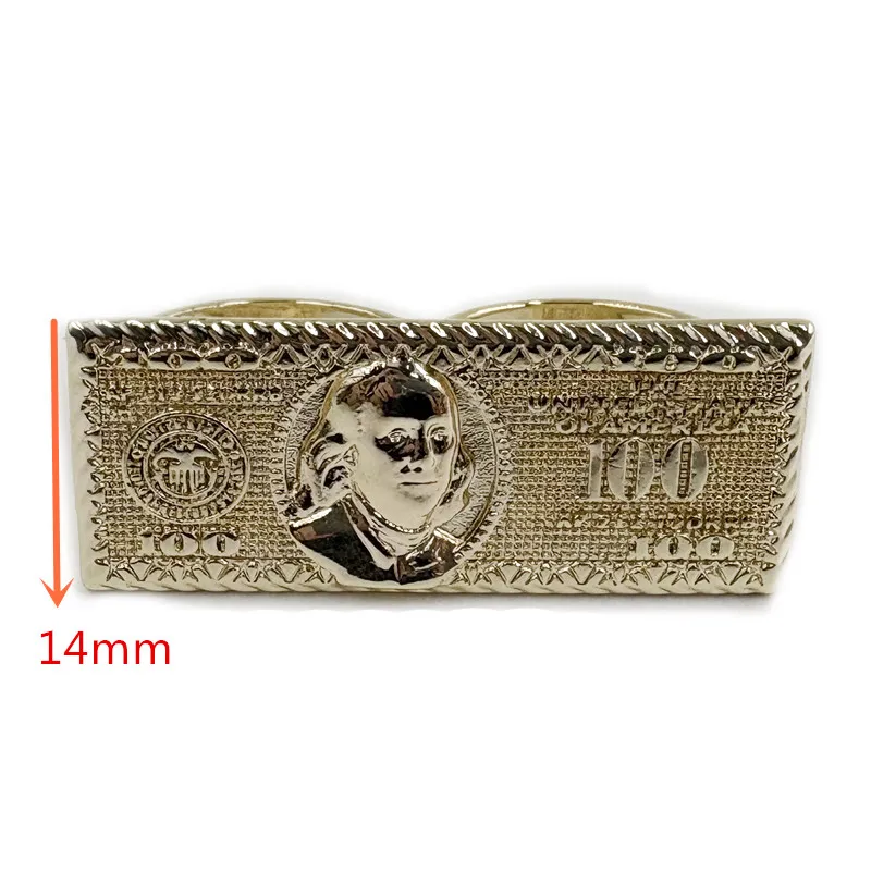100 Dollar Bill Design 2 Finger Ring Heavy Rough Hip Hop Style 14K Gold Plated Big Size Men's Party Gift US Dollar Theme view 2