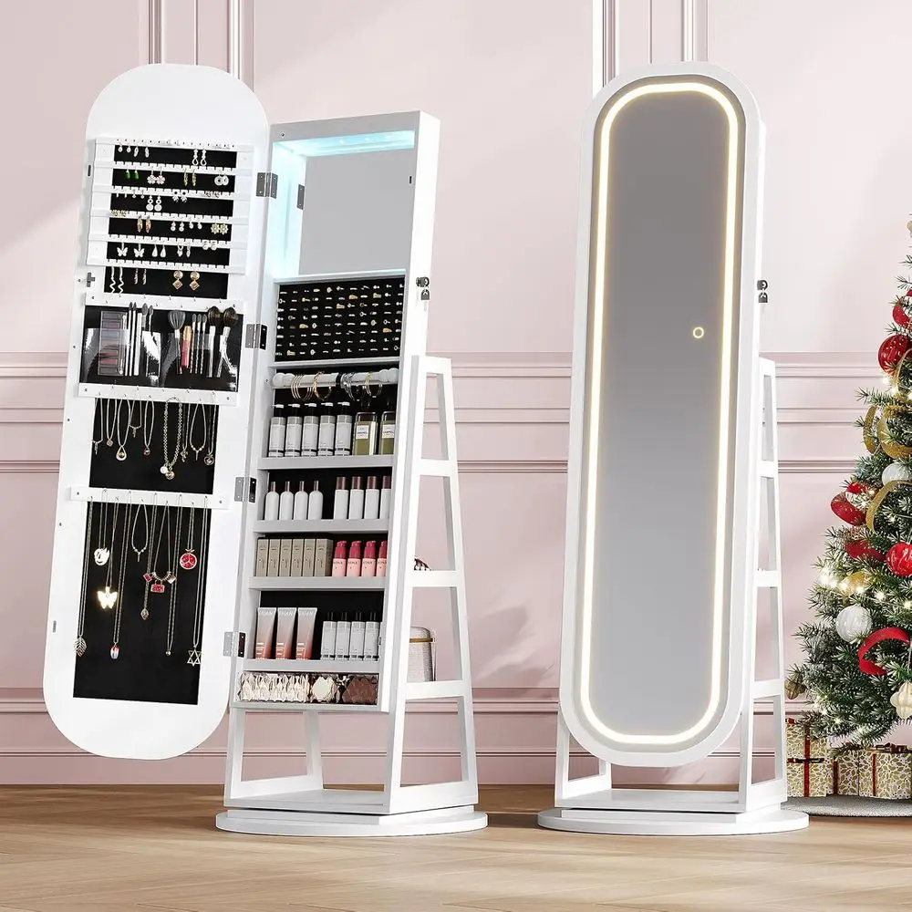 360° Swivel lry Mirror Cabinet with Lights, Inside Makeup Mirror, Standing lry Armoire Organizer, Rotatable ull-Length Mirror wi