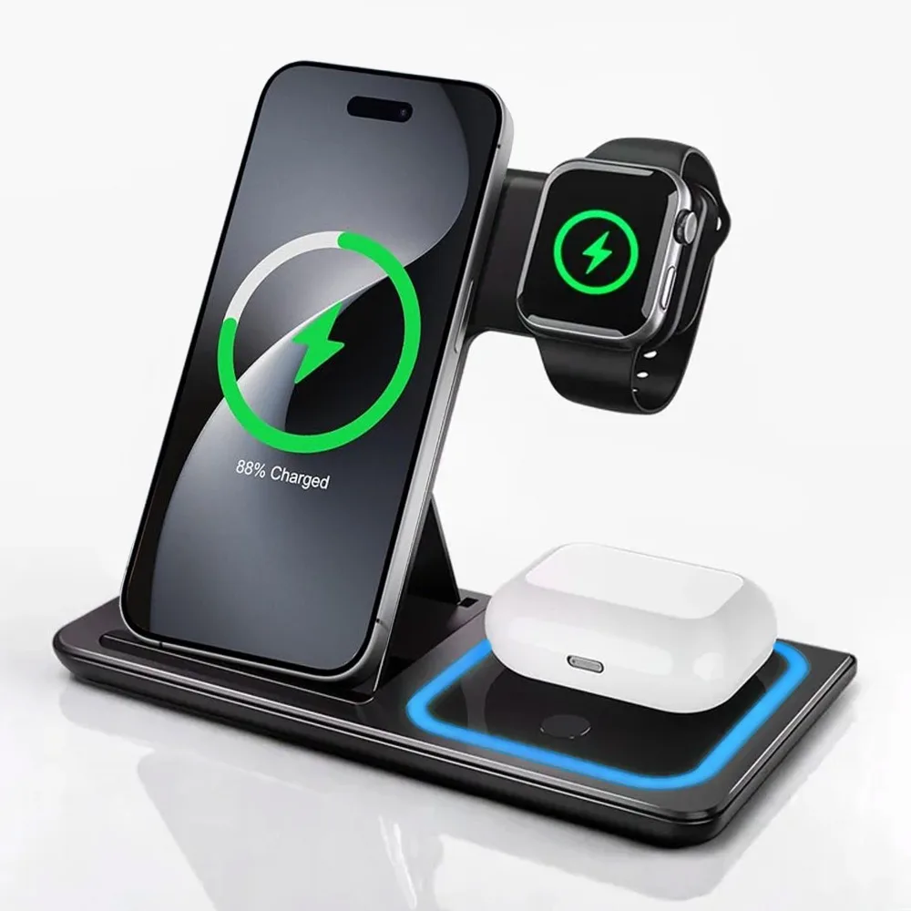 

3 в 1 Беспроводная дорожная подставка для зарядного устройства Складная док-станция для быстрой зарядки для iPhone 16 ~ 12 Pro Max iWatch S10 ~ 2 SE Ultra AirPods 4/3 Pro