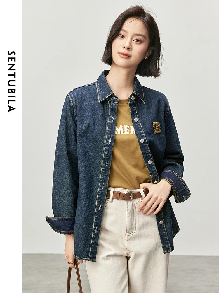 SENTUBILA Women 100% Cotton Denim Shirt  2024 Autumn Fashion Drop Sleeve Letter Embroidery Carving Metal Button Tops W43C56326