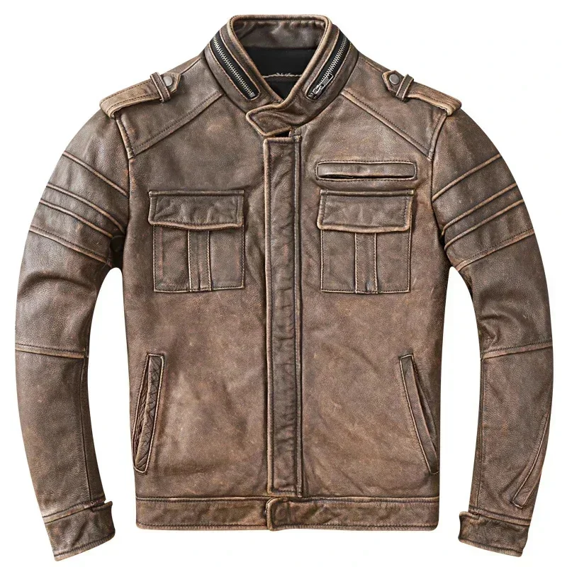 New Men Cowhide Coat Male Genuine Leather Jacket Vintage Style Man Motorcycle Biker Clothes Thick Calfskin Real Learher Coats