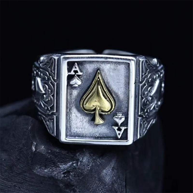 Fashion Poker Card A Pattern Ring Male Index Finger Accessories Personality Gold Silver Collision Men Ring Adjustable