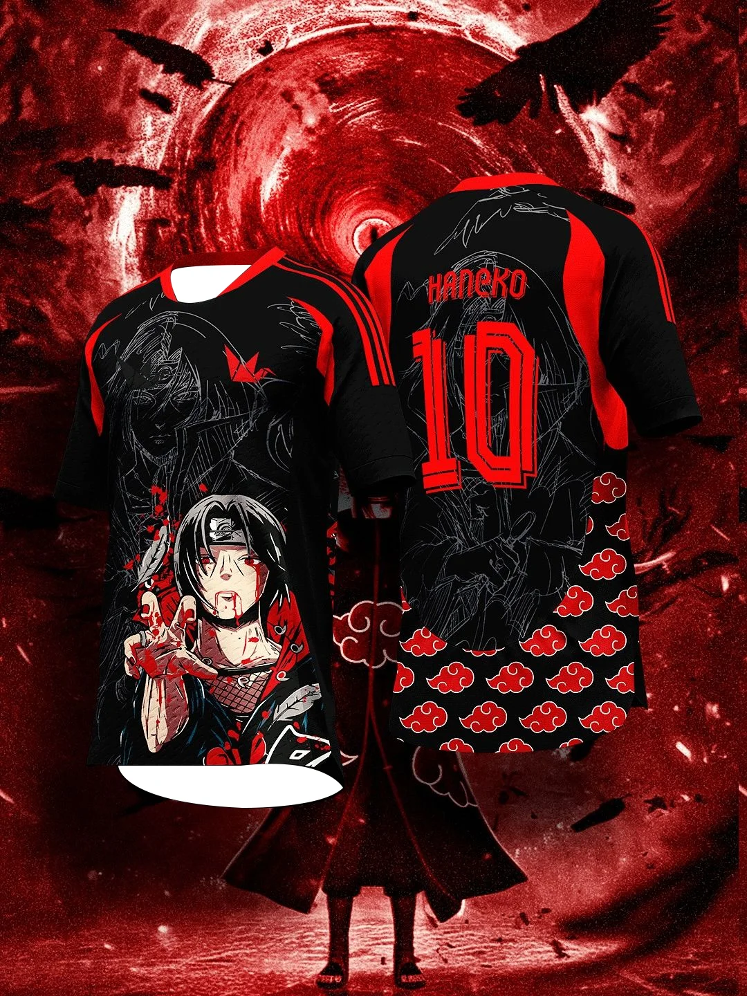 

Naruto Itachi Anime Jersey - Black & Red “Haneko #10” Akatsuki Clouds Uchiha Art Must - Have for Manga Fans