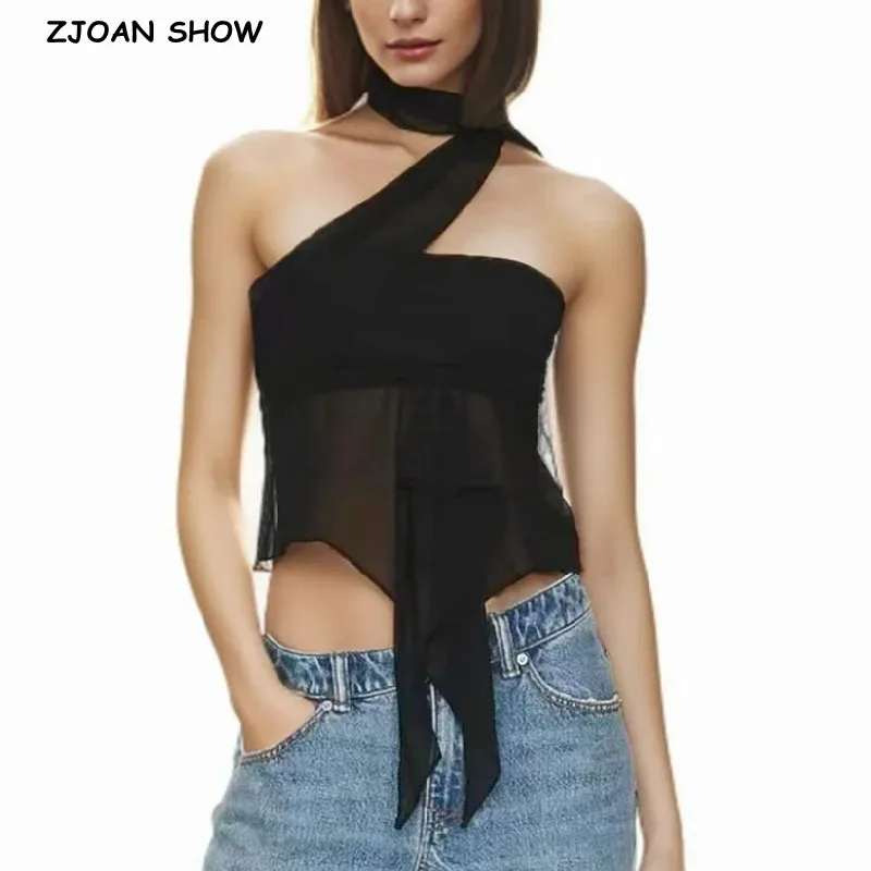 

2024 Summer Halter Collar Bandage Chiffon Camis Women Irregular Short Tank Tops Backless Sexy Slim Crop Top Tees