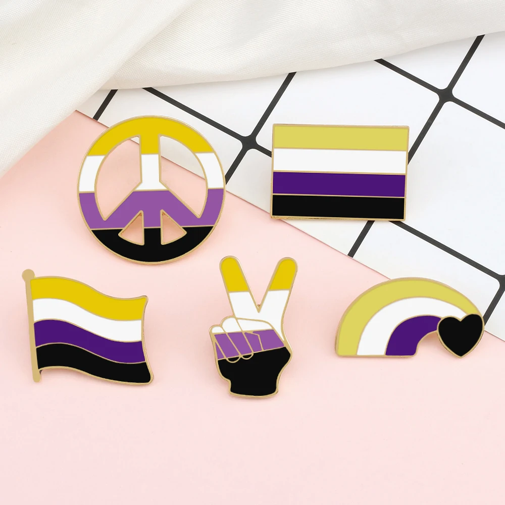 LGBT Pride Nonbinary Brooch Genderidentity Non-binary Gender Unisex Lapel Pins Heart Rainbow Flag Peace Symbol Enamel Badge Gift