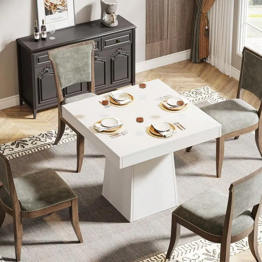 Square Dining Table For 4, 31.5-Inch Kitchen Table Small Dinner Table With Sturdy Pedestal Base, Farmhouse Dining Room Table For Home Dining Room, Living Room, Kitchen, White