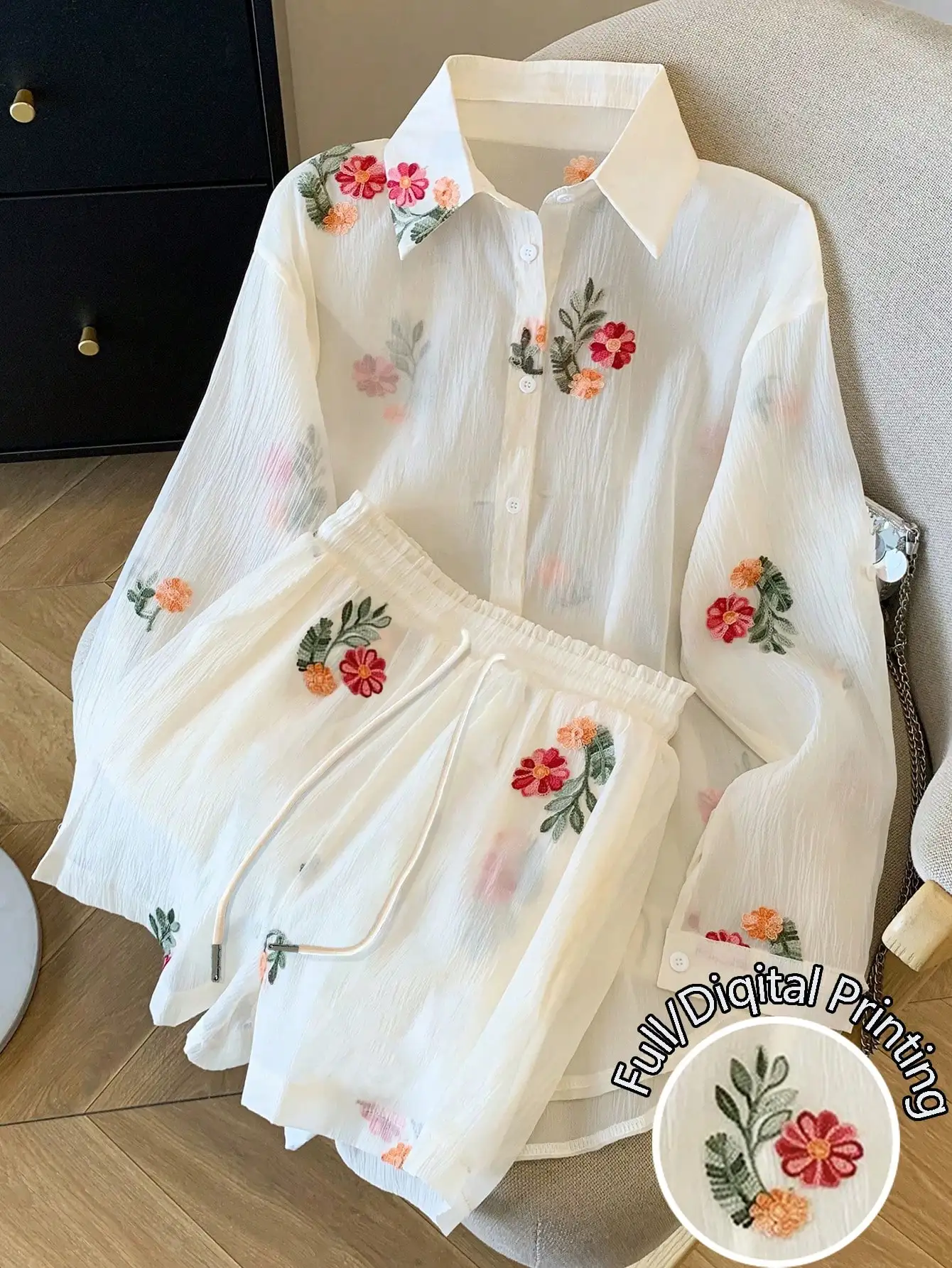 

Loose Chiffon Floral Embroidered Long Sleeve Shirt And Shorts Set