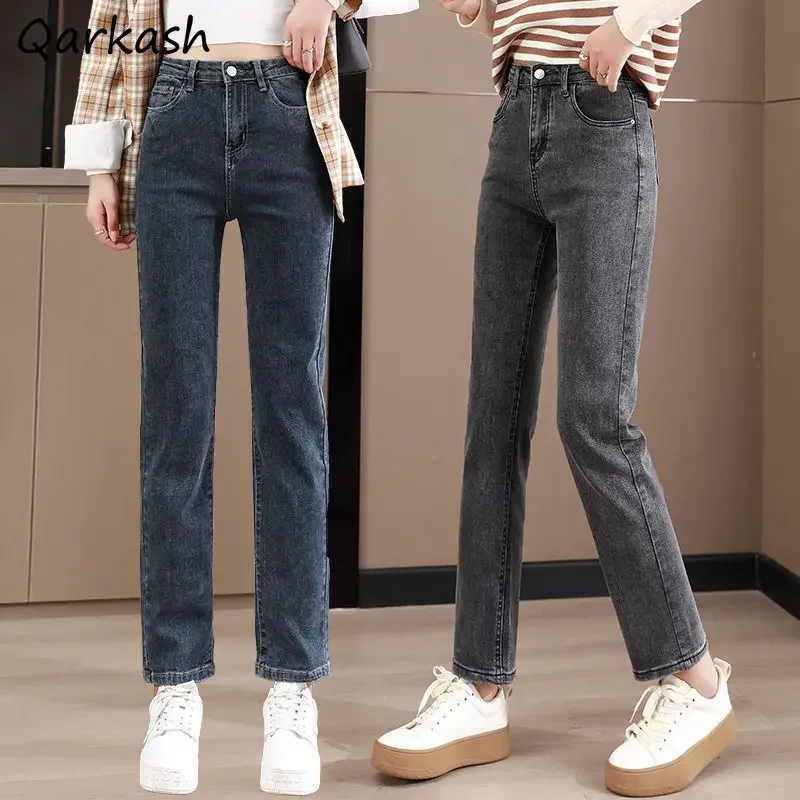 Jeans Women Slim High Waist Casual Straight Korean Style All-Match Fashion Streatwear Plus Velvet Winter Wram Comfortable Trendy