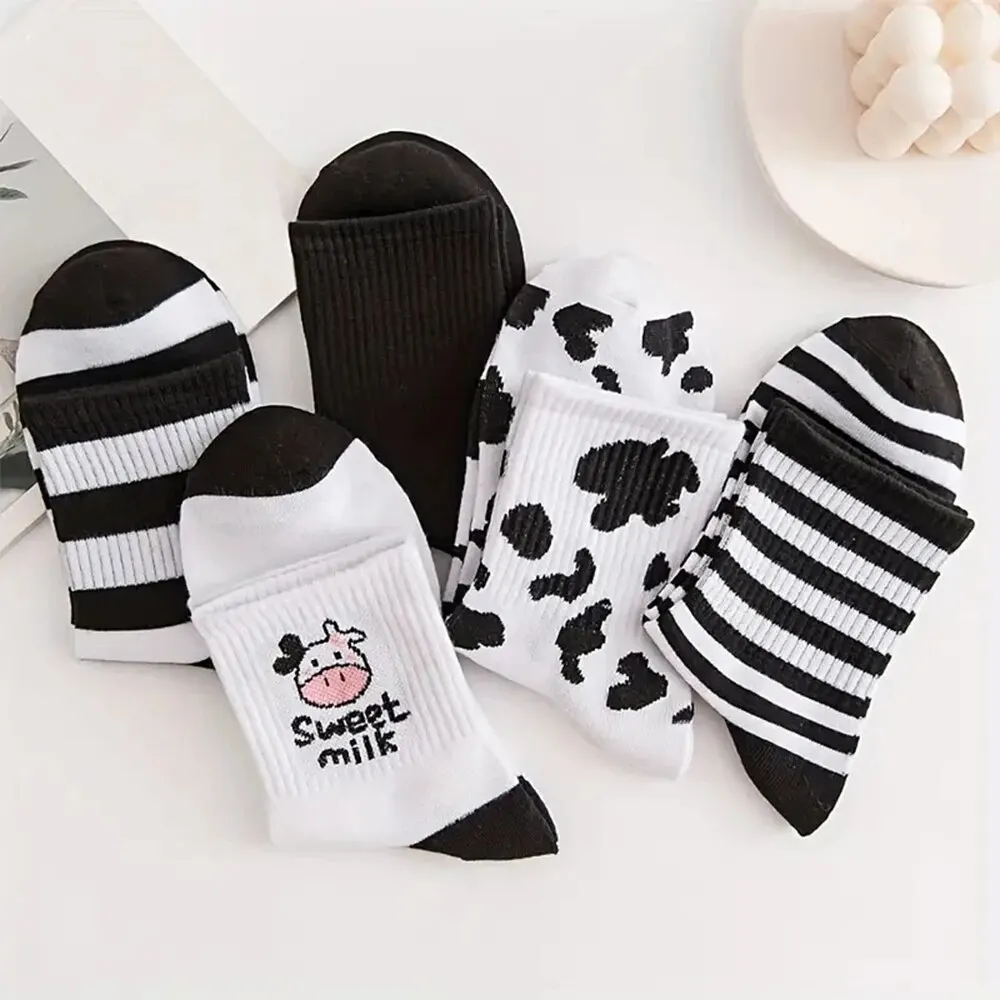 5 Pairs Cartoon Printed Women\'s Short Socks Cute Black White Ankle Socks Spring Autumn Fashionable Sweet Girls\' Mid Length Socks