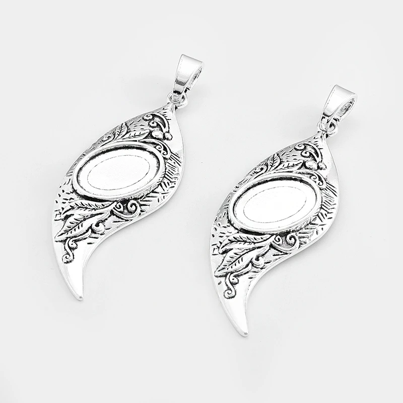 2Pcs Tibetan Silver Vintage Heart Leaf Charms Pendant Oval Cabochon Base Blank Bezel Setting For DIY Necklace Jewelry Making