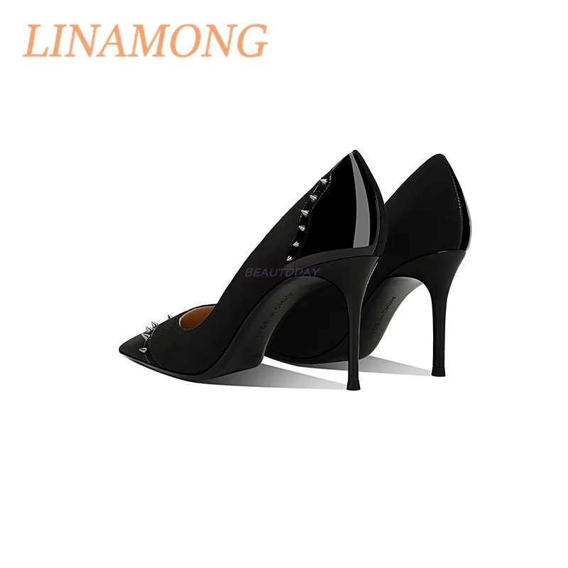 Riveted High Heels Color Blocking and Leather Splicing Design Fashionable and Simple One Foot Toe Pointed Slim High Heels