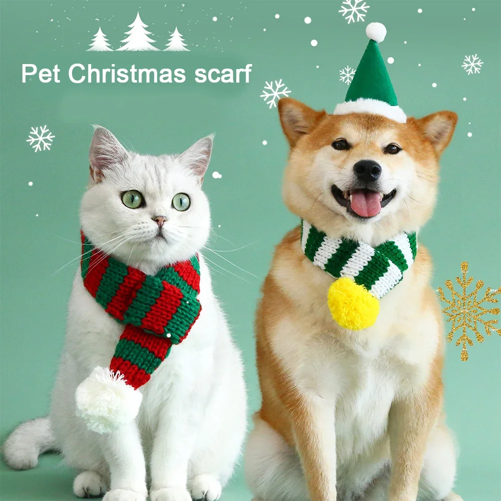 Pet Knitted Wool Striped Christmas Scarf Cat Dog Santa Tree Adjustable Collar Bib Warmer Kitten Puppy Accessories Pet Supplies