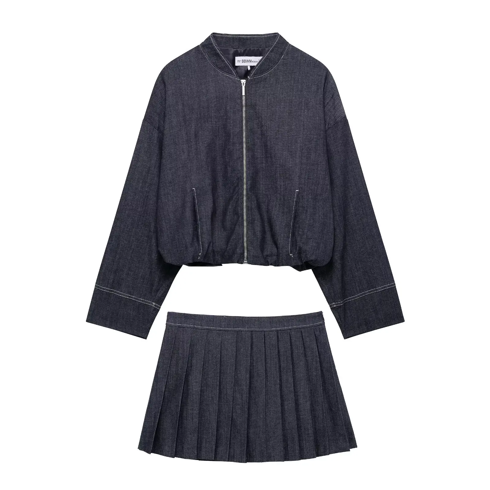 

2025 Spring and Autumn European and American style balloon denim bomber jacket + wide pleated denim culottes skirt suit