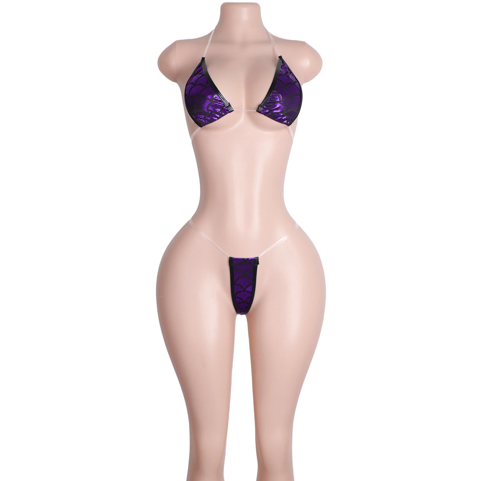 Designer Ballroom Dancewear Fish Scale Pattern Thong Two-Piece Sheer Lace-Up Bra Inserts Spandex/Nylon Fashionable Shiny Trendy