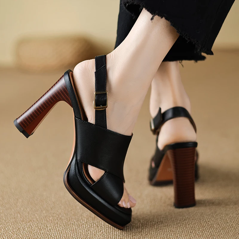 【JOCHEBED HU】Handmade Genuine Leather Summer One-button Thick Open Toe Sexy Professional High Heels Temperament Female Sandals