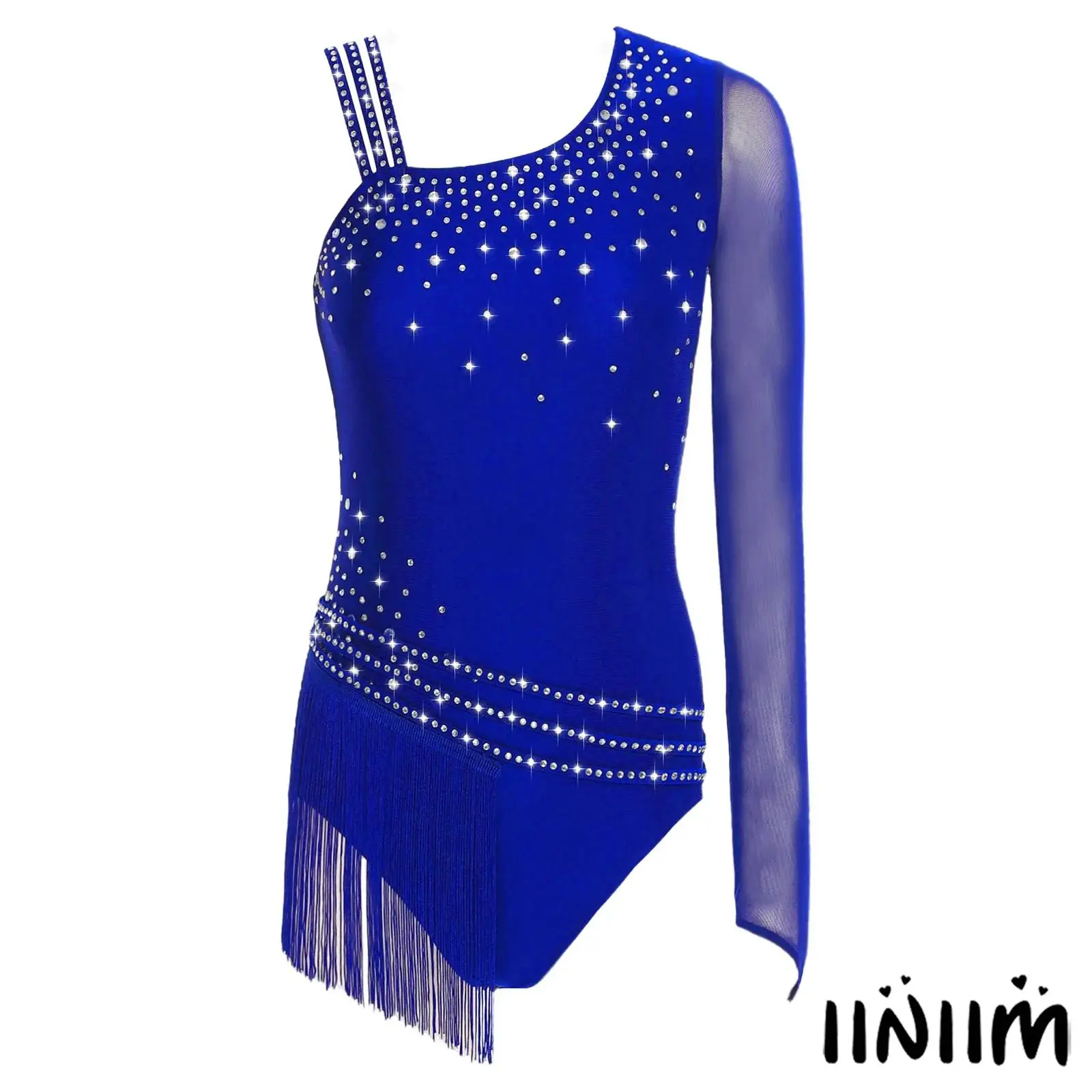

Womens Gymnastics Figure Skating Dance Bodysuit Costume Glittery Rhinestone Fringe Leotard for Tango Latin Jazz Ballroom Dance
