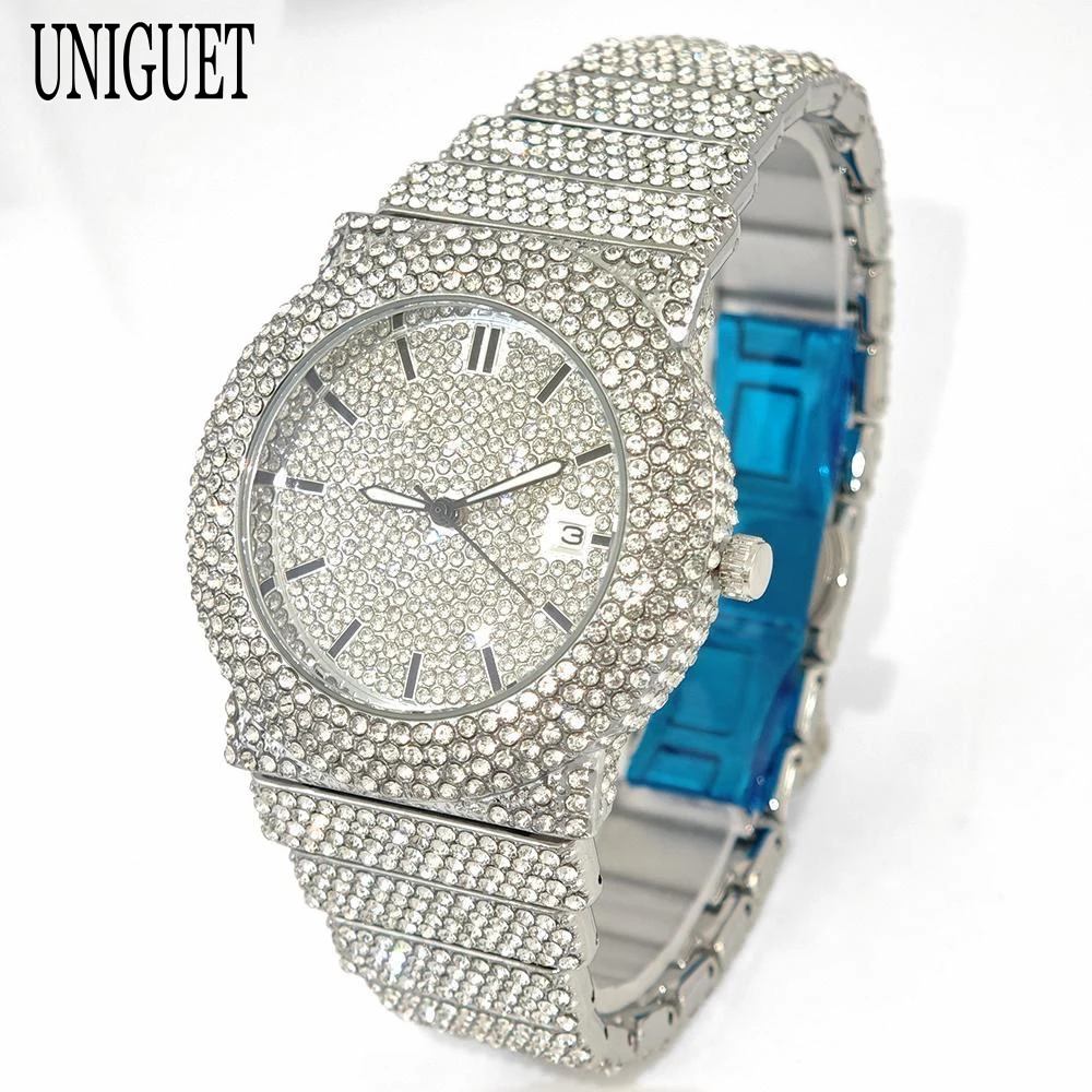 Fashion Brand UNIGUET Iced Watch For Man Luxury Hip Hop Full Diamond Jewelry Waterproof Quartz Business Wrist Watch Man Gifts ﻿