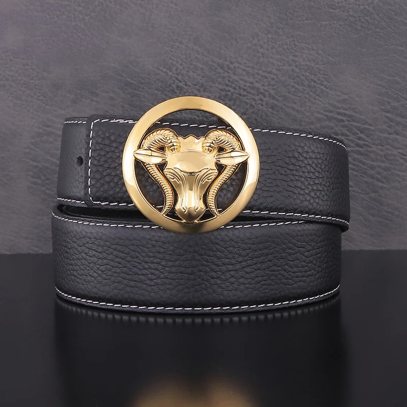 

Round Sheep Head Belt Men's 2025 Fashion Cintos Masculinos BeltLeather Trend Smooth Buckle Light Luxury Belt Exquisite Stylist