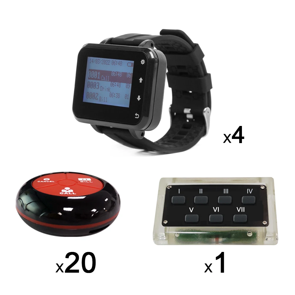 Chef Kitchen Call Waiter System ,Client Call Waiter System  4 Watches 20 Table Bell  One Chef Button