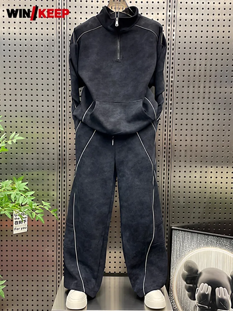 

Autumn Mens Outdoor Running Set Stand Collar Sweatshirt Wide Leg Pants Two Piece Set Jogging Training Tracksuit Sportswear Sets