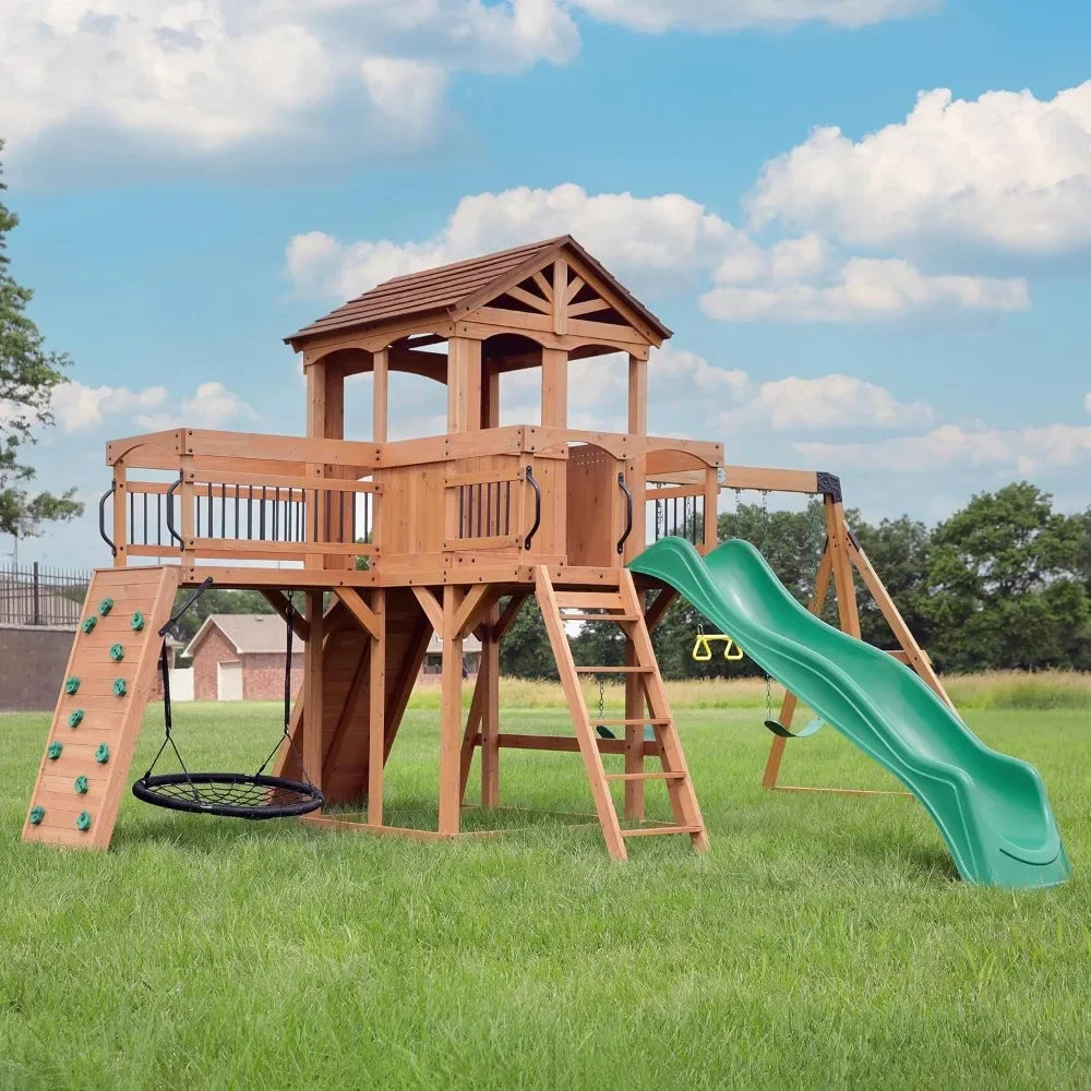 

All Cedar Wooden Swing Set, Raised Clubhouse, Green Wave Slide, Web Swing, Climbing Wall, 10ft Wave Slide