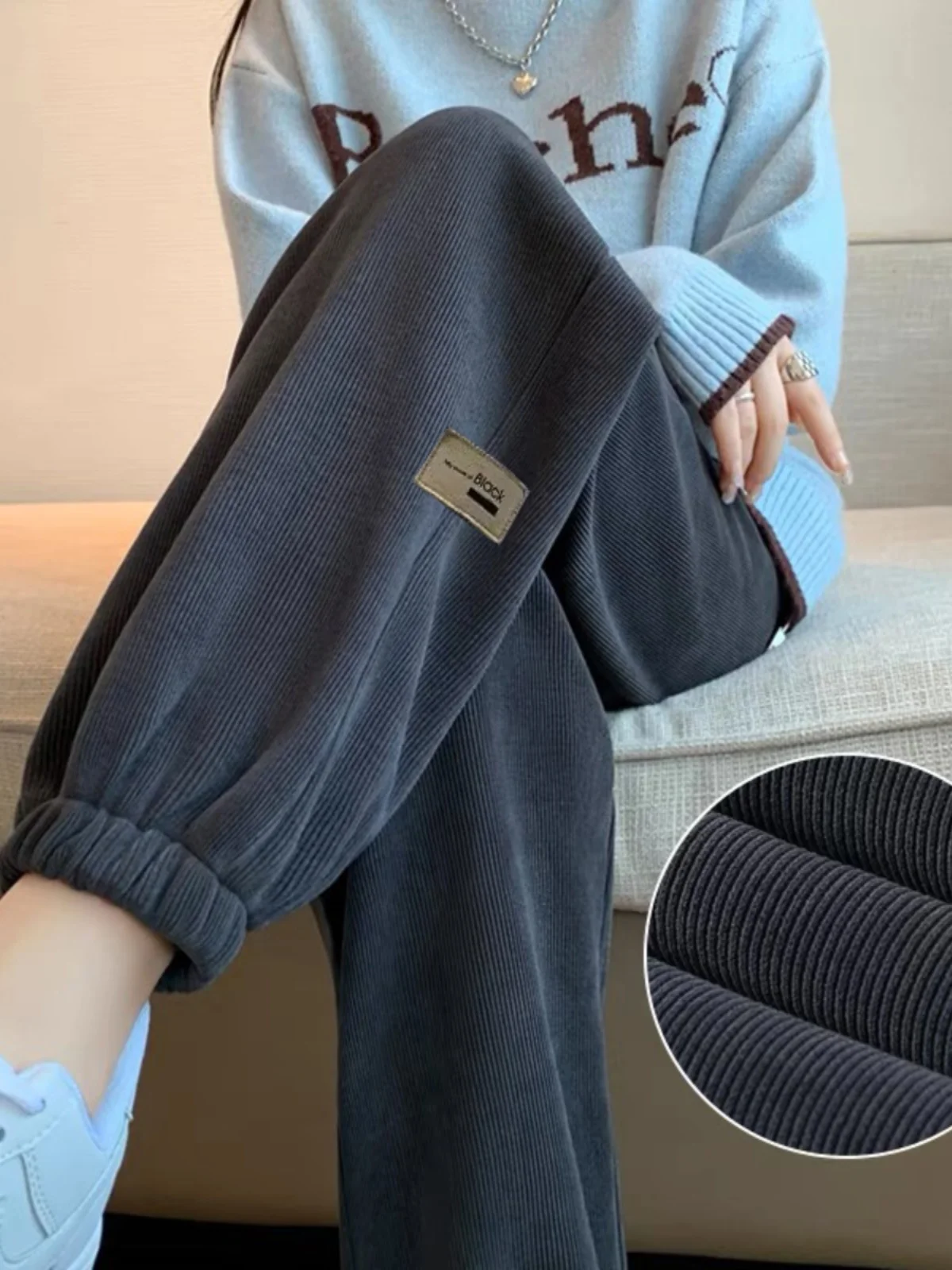 Spring Thin Corduroy Sports Pants Women's Cuffed Casual Slimming Pants Lantern Sweatpants High Waist Long Pants Harlan Style