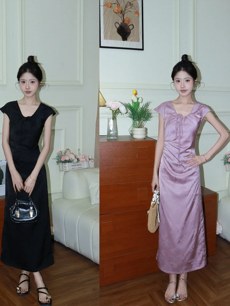 

Slimming Purple Magnolia Flower Dstring Waist Pleated Summer New Chinese Sle Dr High Waist ort Sve V-Ne A-Line...