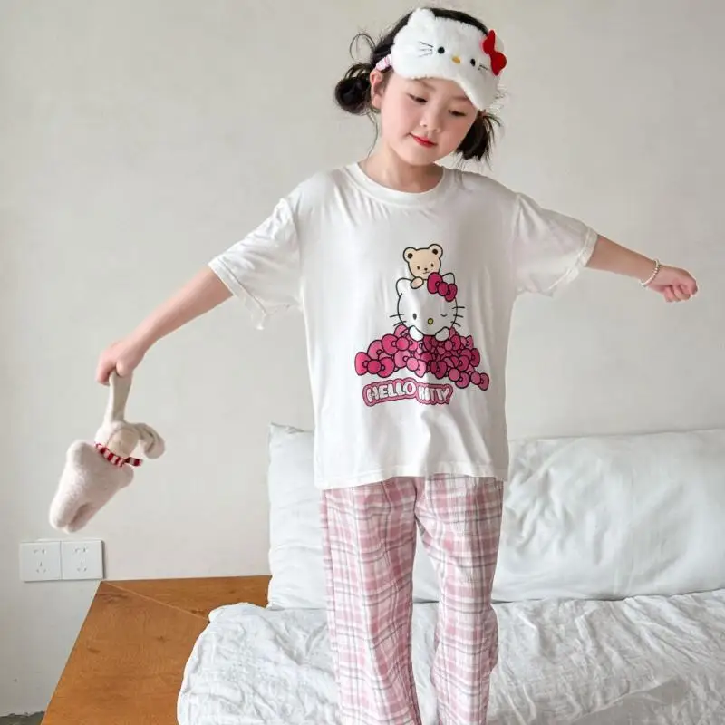 

Горячий хлопковый пижамный комплект Sanrio Girl Hello Kitty Kawaii, модная летняя футболка с аниме, брюки, комплект из 2 предметов, детская одежда для отдыха, новинка