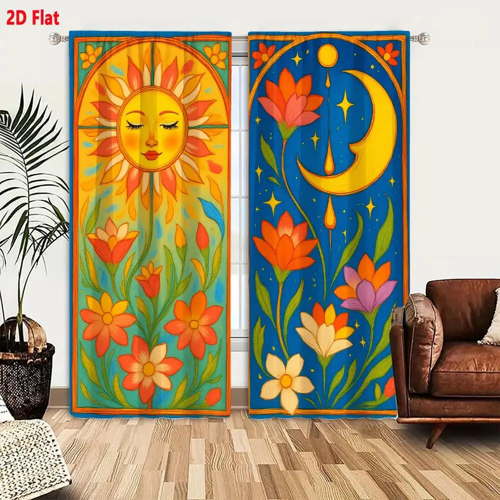 2Pcs Curtains 2D Flat Day And Night Art Nouveau Stained Glass Sun Moon Floral Garden Illustration Window Drapes for Bedroom Room