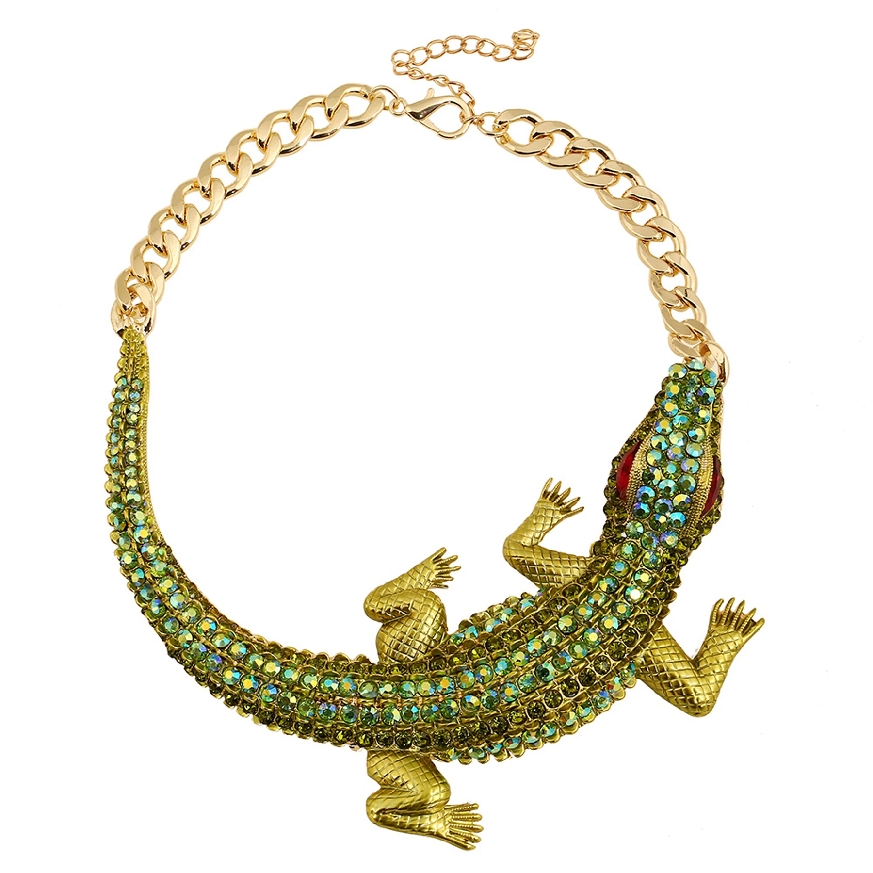 Fashion Exaggerated Rhinestone Green Crocodile Necklace for Women Gothic Animal Clavicle Chain Choker Collars Statement Jewelry