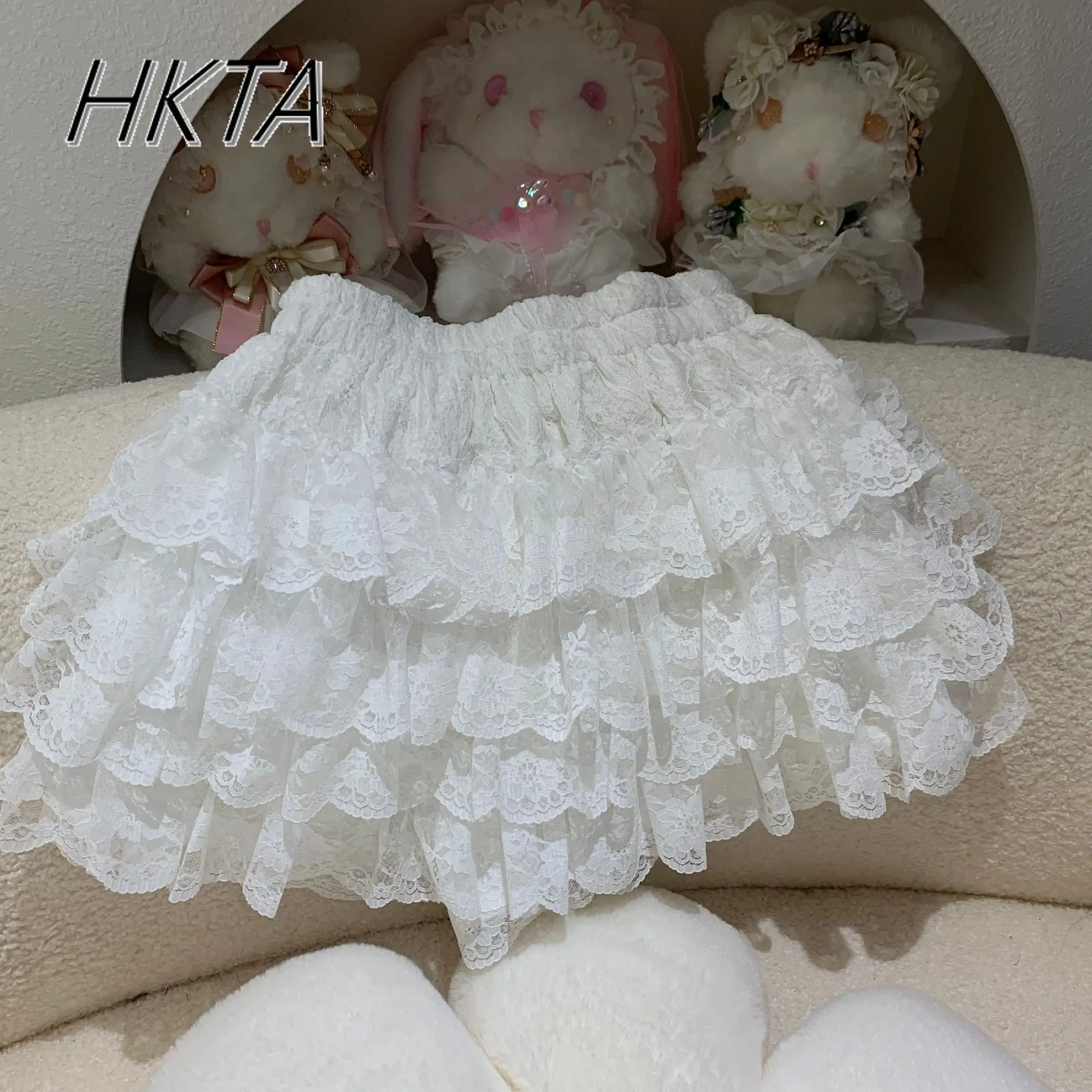 달콤하고 귀여운 캐스케이드 화이트 퍼프 숏 스커트 퀼로트 여성 카와이 캐주얼 하이웨이스트 레이스 여름 케이크 로리타 버드 미니 스커트 소녀