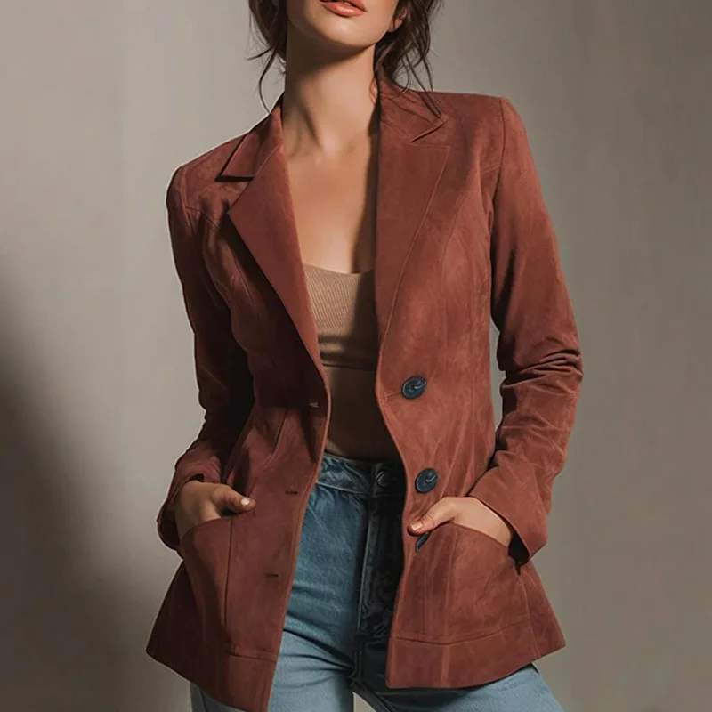 

Fashion Brown Blazer Women 2025 Autumn Streetwear Long Sleeve Loose Outwear Coats Casual
