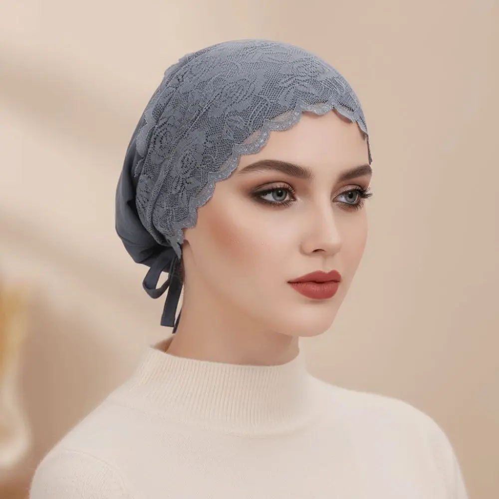 Fashion Elegant Turban Hat Breathable Elastic Lace Inner Cap Solid Color Tie Straps Hijab Cap Female Head Covering