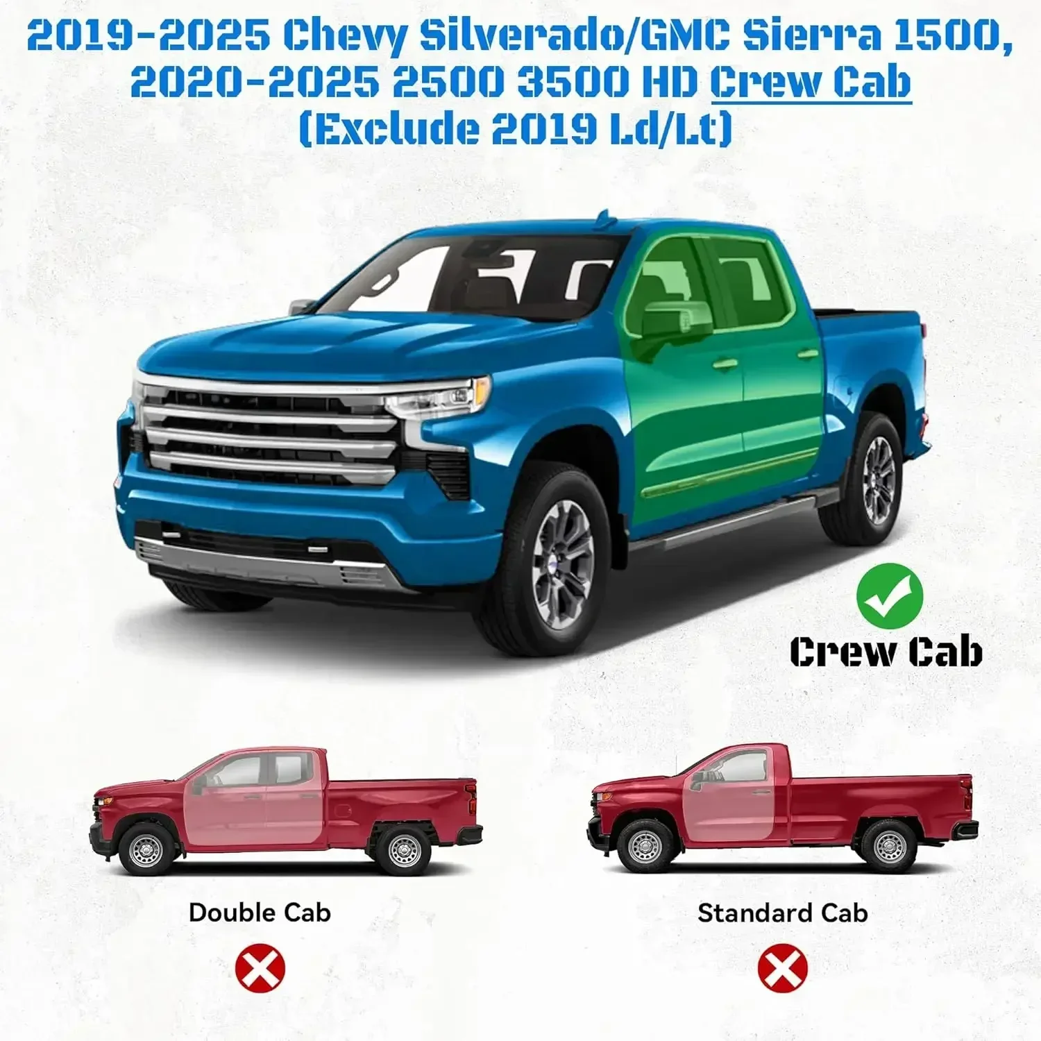 

Популярные подножки/пороги для Chevrolet Silverado и GMC Sierra 1500 (2019-2025 гг., за исключением моделей Ld/Lt 2019 г.) с кабиной Crew Cab