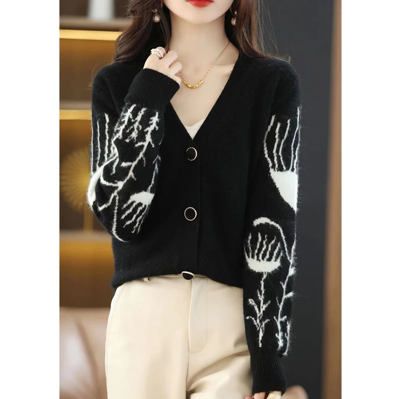 Women Korean Fashion V Neck Jacquard Chic Elegant Soft Wool Knitted Cardigan Fall Winter Female Casual Long Sleeve Sweater Coats