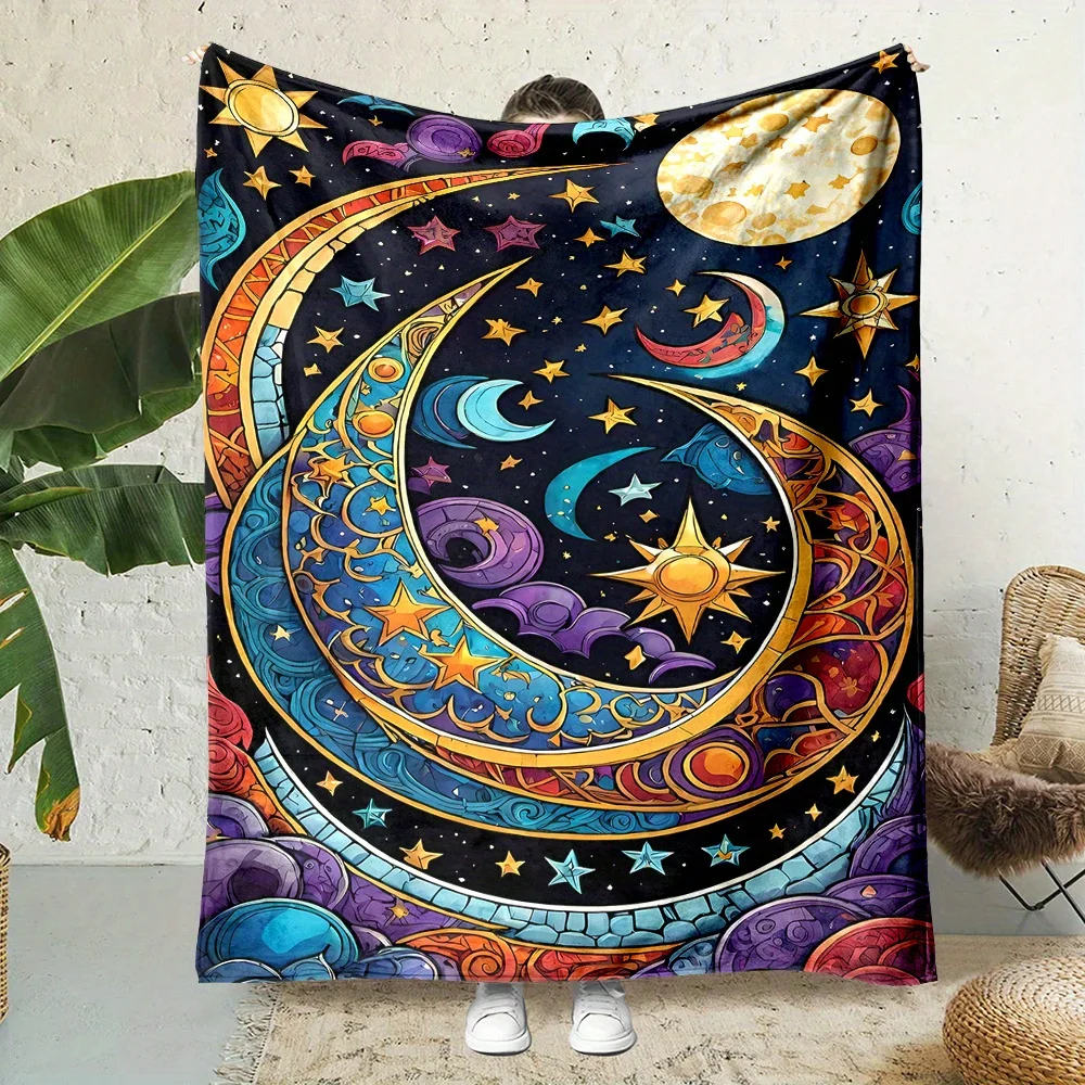 

1pc, Cartoon Story Style, Starry Sky & Beautiful Moon Print, All-Season Reversible Fleece Blanket, Polyester Flannel,