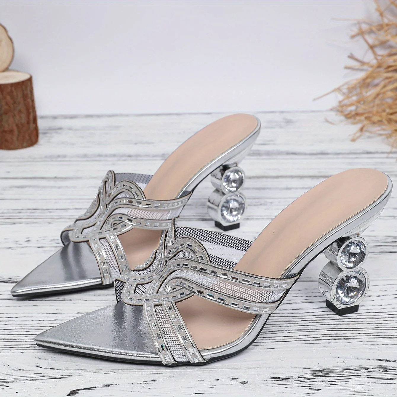

Women's handmade Rhinestone Butterfly-shaped Mesh High Heels, Retro Slingback Kitten Heels,Party Dress Sandals Shoes