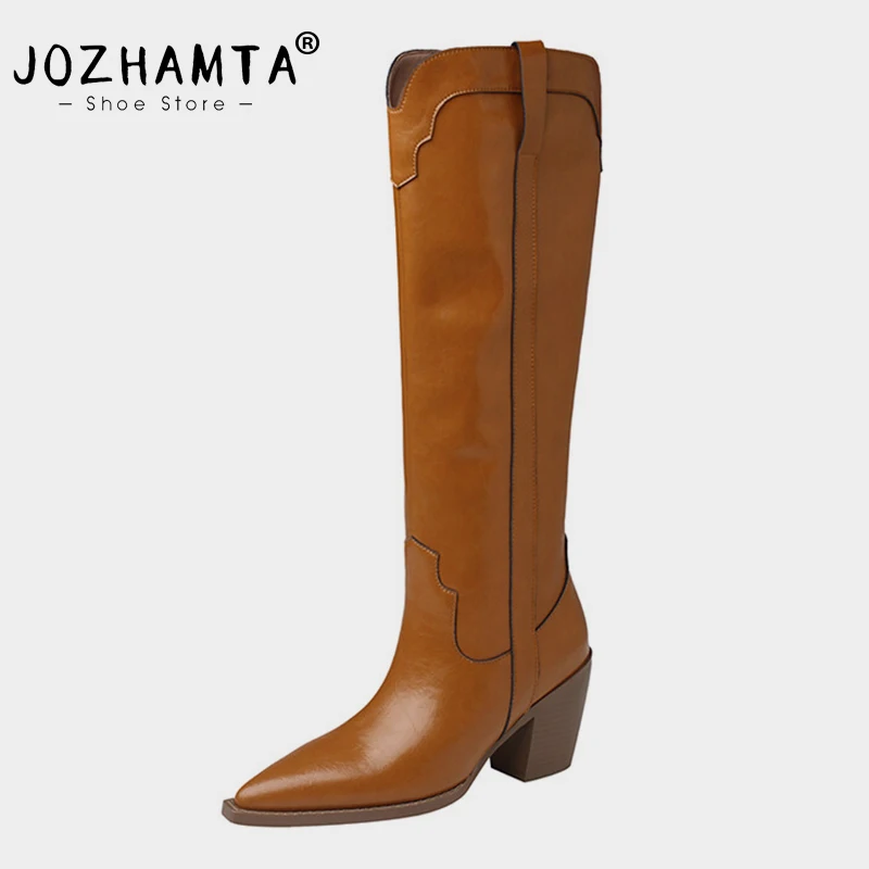 

JOZHAMTA Size 33-40 Women Knee-High Boots Autumn Winter Square High Heel Long Shoes Woman Office Lady Genuine Leather High Boots