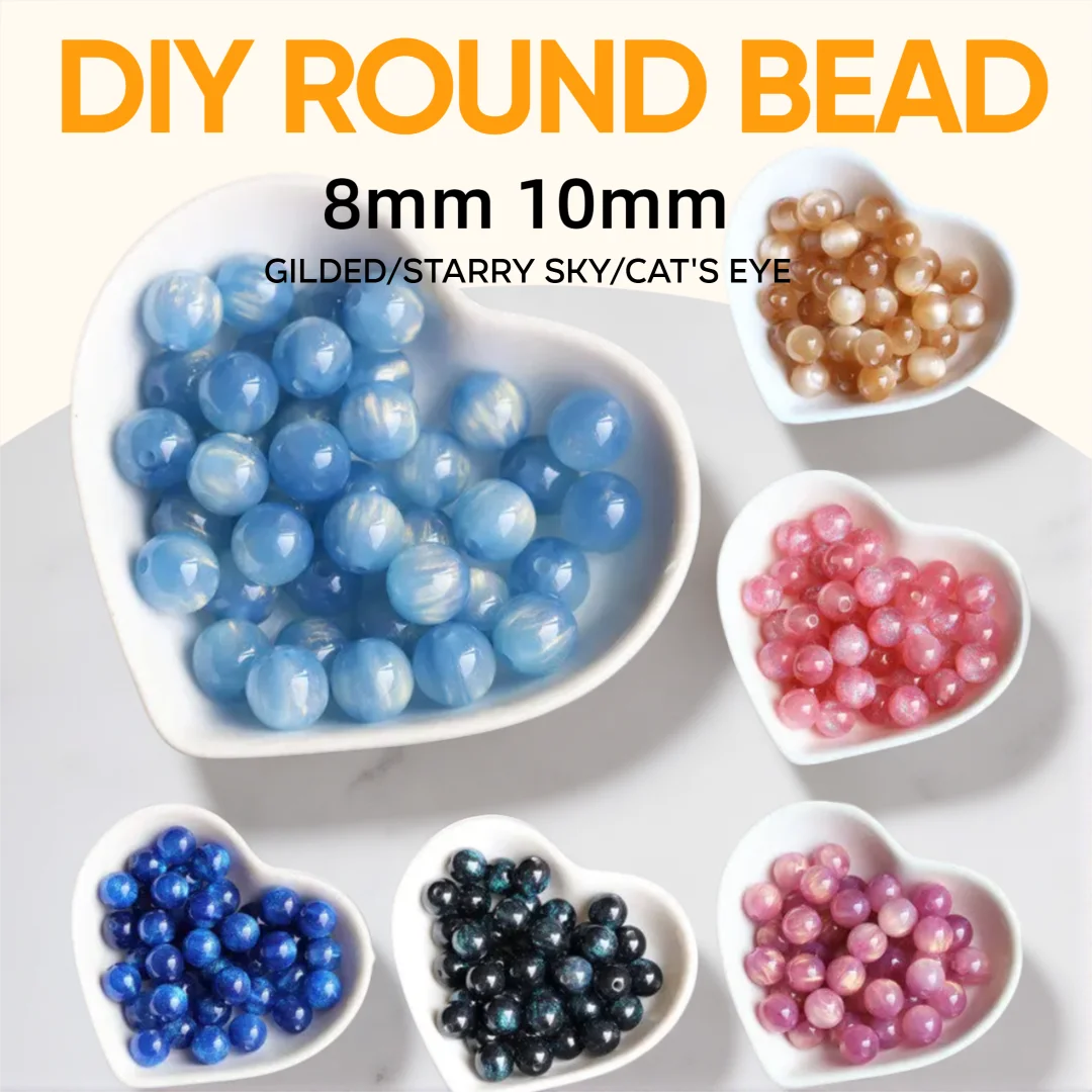 8mm 10mm Resin Spacer Round Beads Charms Gilded/Starry Sky/Cat's Eye Beads DIY Handmade Jewelry Beads Loose Beads for Decoration