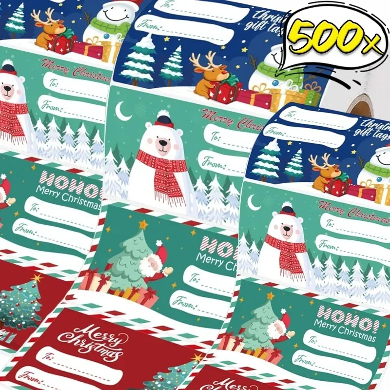 500PCS/Roll Christmas Gift Tags Christmas Gift Sticker Multiple Types Sealing Paster for Presents Wrapping Santa Name Tag Decor