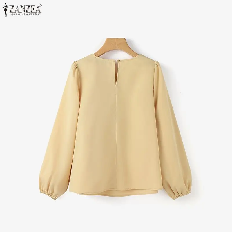 

ZANZEA женская блузка с рюшами 2026 модные рубашки с длинными пышными рукавами повседневные однотонные элегантные офисные женские топы с круглым вырезом Blusas Femme