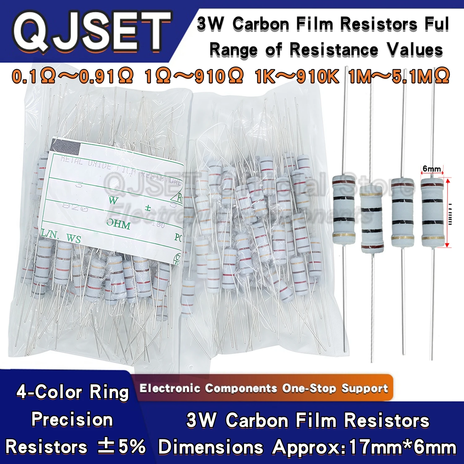 ตัวต้านทานฟิล์มคาร์บอน 3W จำนวน 100 ชิ้น ความเที่ยงตรง 5% ตัวต้านทานฟิล์มออกไซด์ 3W 1 47 100 220 470 โอห์ม 1K 4.7K 10K 47K 100k 200k 470k 1M โอห์ม