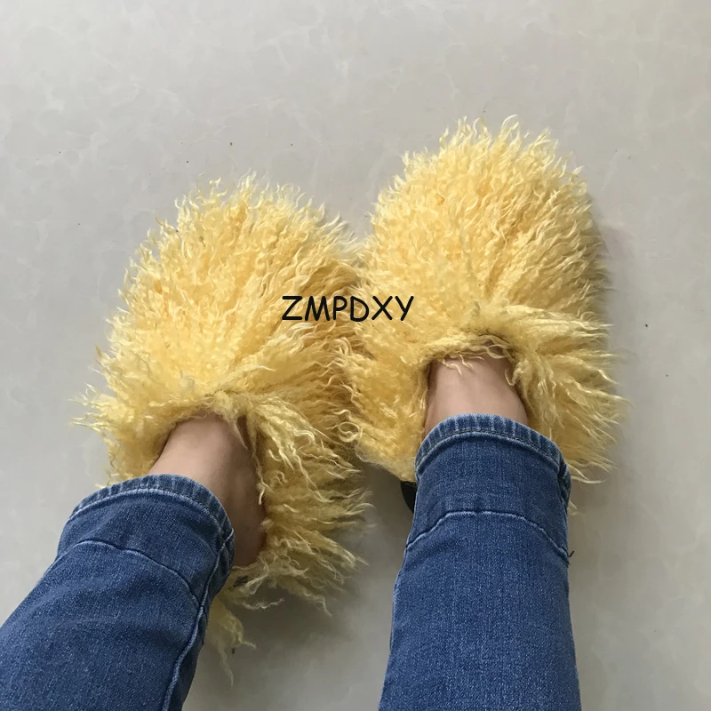 Wholesale Fluffy Warm Mongolian Wool Long Fur Slippers New Designer Women Flat Shoes Sheepskin Fur Slipper Mongolian Fur Slides