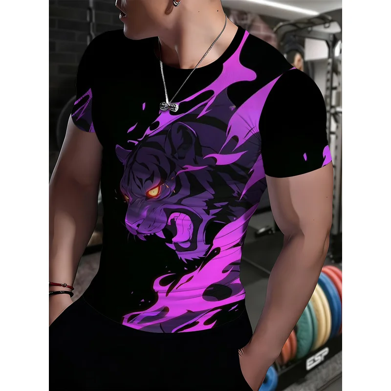 Summer Men's Anime Print Round Neck Fitness Short-Sleeve Quick-Drying Breathable High-Elastic Slim-Fit Sports Training T-Shirt.