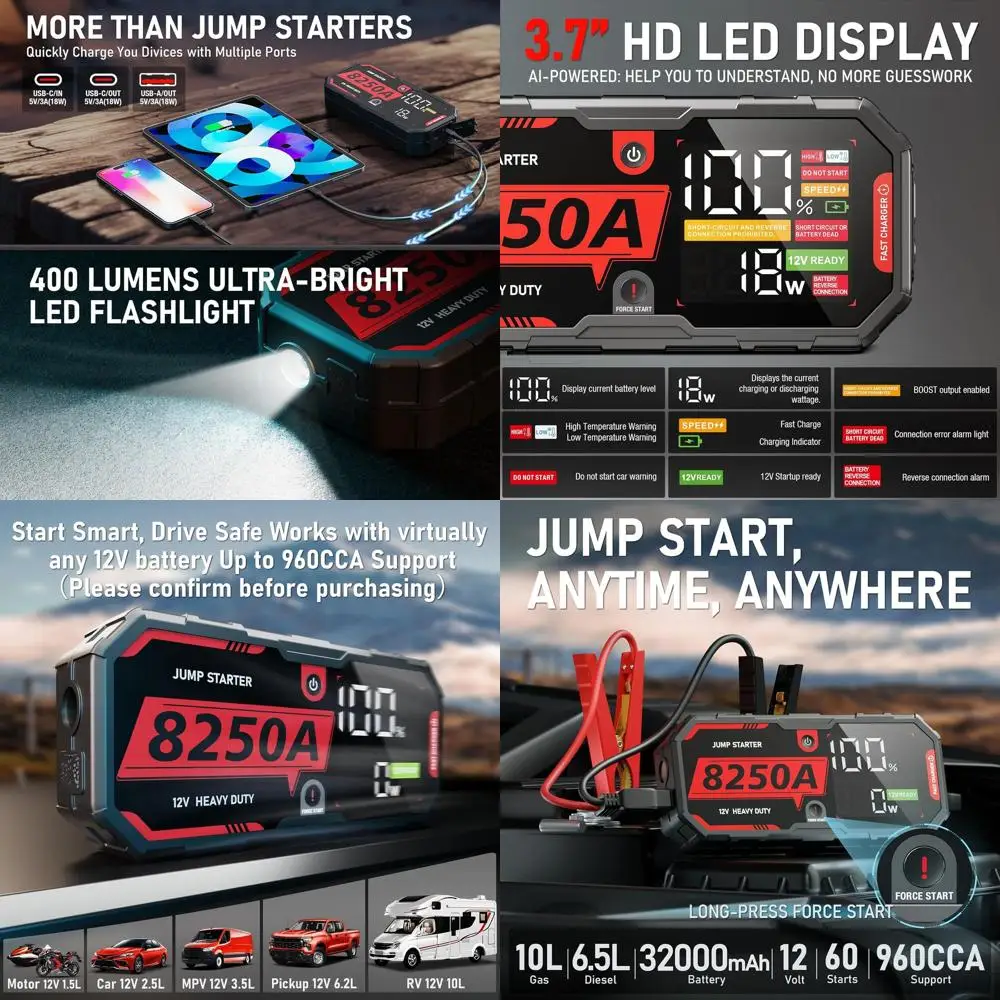 

8250A Jump Starter Heavy Duty Jumper Starter Portable Battery Pack (Up to 10L Gas / 6.5L Diesel), 2 USB-C Power Bank, 12V Auto C